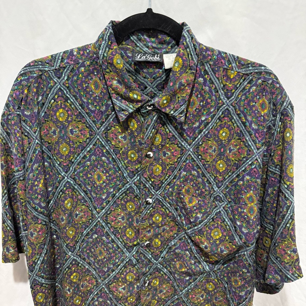 LaGebi Vintage Geometric Tapestry Print Button Up Shirt M Retro Festival Atrsy - Picture 2 of 11